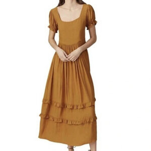 The Odells Eliza Ruffle Maxi Dress Short Sleeve Square Neck Side-Pockets Size S